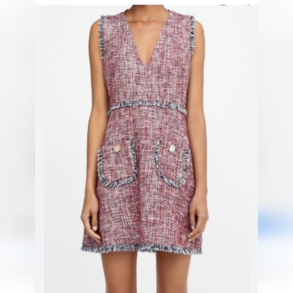 ZARA | Iconic Red Navy Raw Edge Tweed Pinafore Shift Dress red navy sz S - Picture 2 of 6